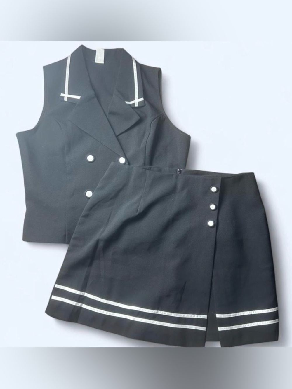 Vintage Black Nautical-Inspired Two-Piece Set with White Trim